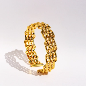 Minimalist gold woven mesh open cuff bracelet with intricate layered chain hollow design