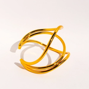Polished gold multilayer wave open cuff bracelet with dynamic minimalist lines