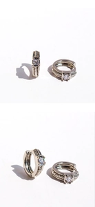 Macro detail of silver twisted hoop earrings featuring square-cut zircon stones