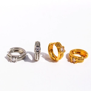 Set of four twist pattern hoop earrings with square zircon stones in gold and silver