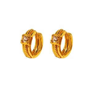 Elegant gold-plated twisted rope huggie earrings with central square-cut cubic zirconia