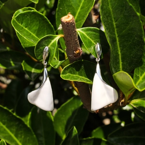 Elegant white enamel calla lily drop earrings with silver hooks for women