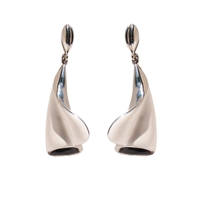 Elegant white enamel calla lily drop earrings in polished silver with curved leaf design
