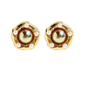 French vintage brass gold earrings with spiral floral design and elegant pearl accents