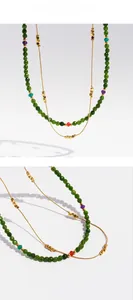 Detail presentation of layered gold chain and vibrant green beaded necklace set