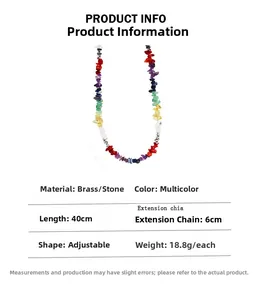 Detail of colorful stone beaded necklace with 40cm length and 6cm adjustable brass extension chain