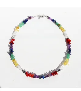 Detailed shot of multi-color gemstone beaded necklace with brass lobster clasp and extender