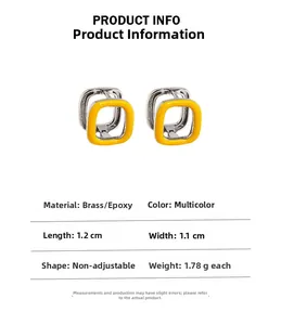 Detail view of brass enamel square earrings with specifications and dimensions