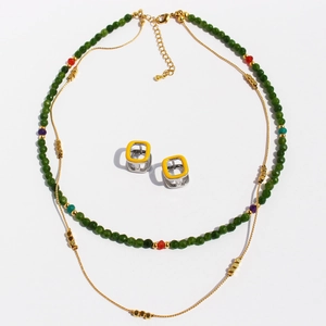 Double Layer Necklace Green Faceted Stone Beads Brass Gold Plated Chain Bohemian Style Jewelry For Women