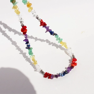 Rainbow handmade beaded necklace with colorful natural irregular crushed stones and crystals
