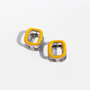 Modern square earrings featuring bright yellow enamel finish on silver metal base