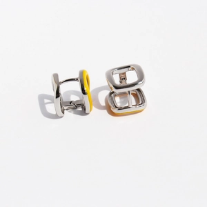 Minimalist square geometric earrings with orange enamel inlay and silver finish