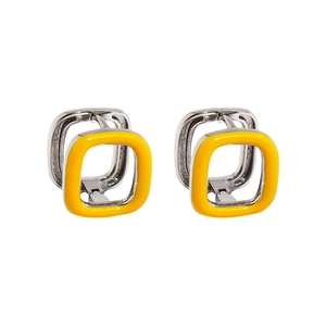 Minimalist silver square hoop earrings with vibrant yellow enamel dripping oil finish
