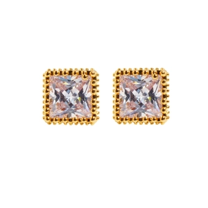 Élégantes boucles d'oreilles carrées en zircon rose avec bordure perlée dorée sur blanc