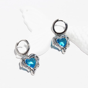 Ocean Blue Heart Zircon Drop Earrings Liquid Metal Lava Style Brass Jewelry For Women