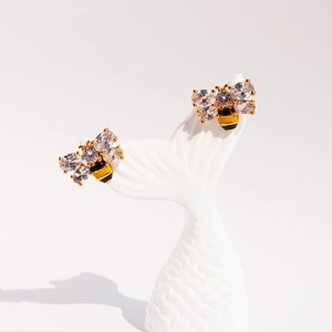Exquisite handmade bee stud earrings with sparkling zircon wings and enamel body