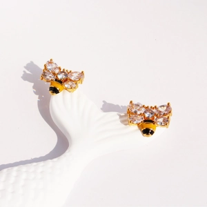 Handcrafted honey bee stud earrings with yellow enamel and sparkling zircon wings