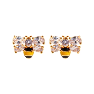 Handcrafted bee stud earrings with gold metal, sparkling zircon wings and enamel body