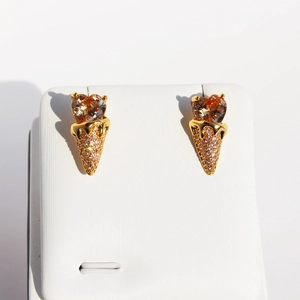 Creative ice cream stud earrings with heart-shaped orange zircon and crystal pavé details