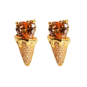 Sparkling heart-shaped amber zircon ice cream cone stud earrings for women