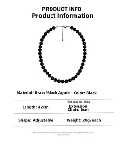 Detail specifications of black agate bead necklace with brass closure and 42cm length