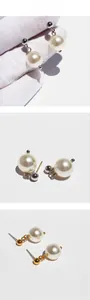 Detail presentation of round pearl drop earrings in silver and gold finishes