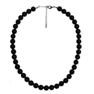 Elegant black onyx beaded necklace featuring a silver lobster clasp and extension chain