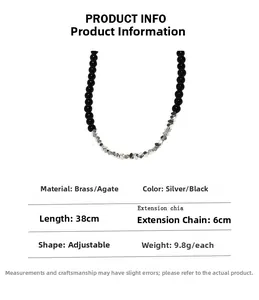 Detail view of onyx and silver beaded necklace with 38cm length and size specifications