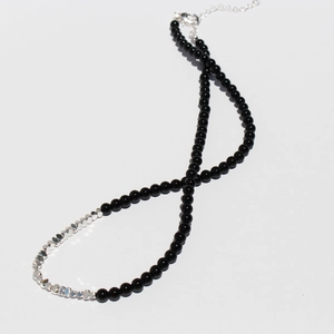 Minimalist black onyx beads and faceted silver-tone beads necklace with lobster clasp