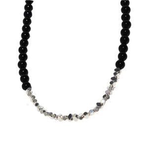 Minimalist black agate necklace with silver beaded chain shown against white background