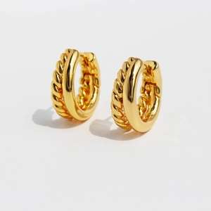Polished gold plated brass chunky hoop earrings with a vintage twisted rope design