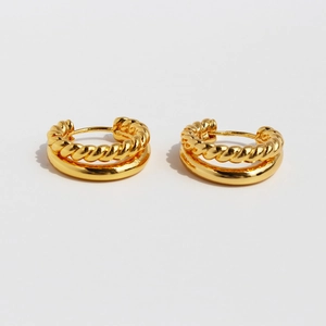 Vintage brass gold plated double-hoop earrings featuring twisted rope and polished design
