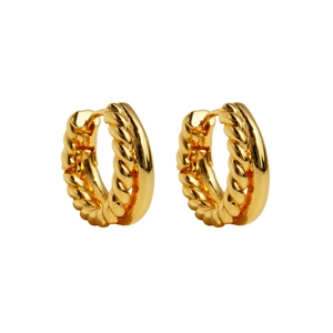 Pair of gold plated brass twist hoop earrings with mirror finish in minimalist style