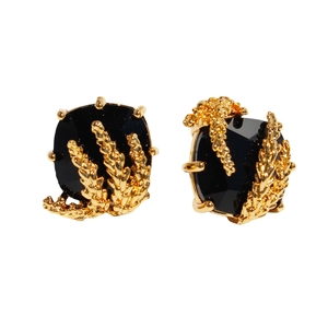 Vintage gold wheat ear earrings featuring square black gemstones on a clean white background
