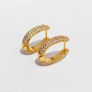 Elegant 24k gold plated U-shaped hoop earrings with shimmering triple-row crystal inlay