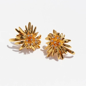 Vintage Gold Sunflower Stud Earrings For Women Brass Zircon Firework Design With 925 Sterling Silver Earring Post