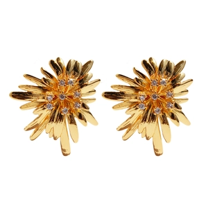 Golden sunflower stud earrings with zircon stamen and radiating petals on white background