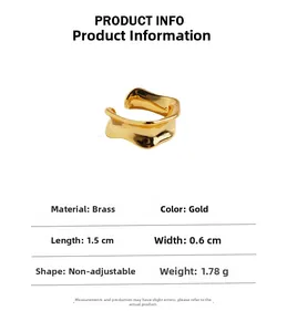 Macro detail of irregular gold wave texture ring with product size and weight specs
