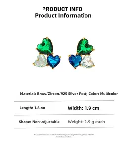 Detailed size chart showing blue and green zircon heart stud earrings with 925 silver pins