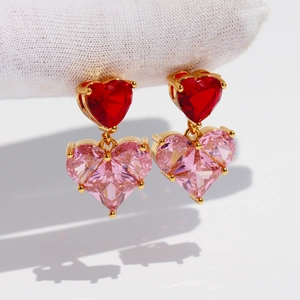 Pink heart-shaped zircon earrings with dual ruby heart accents in gold-plated setting
