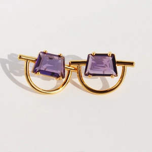 Geometric Stud Earrings Purple Zircon Brass Gold Plated With 925 Sterling Silver Earring Post Minimalist Modern Women