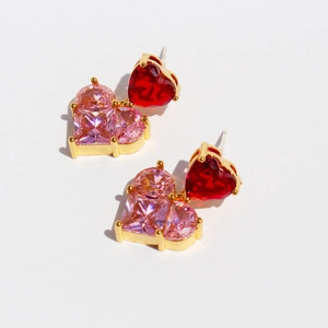 Pink and red heart-shaped zircon earrings with gold plating in a romantic sweet style