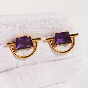 Fashionable gold earrings with purple trapezoid zircon and geometric metal design