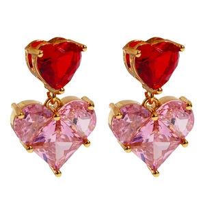 Elegant double heart drop earrings with pink and red zircon crystals in gold-plated settings
