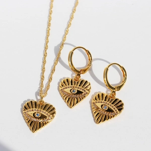 Parure Collier Et Créoles Coeur Oeil Maléfique Laiton Avec Zircon Plaqué Or Texture Rayons De Soleil Bijoux Élégants Femmes