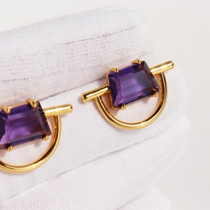 Fashionable purple square zircon geometric earrings with gold semi-circle and bar design