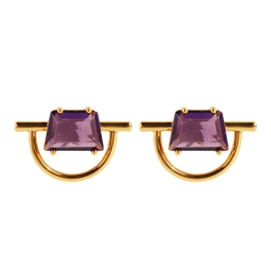 Elegant gold earrings with geometric purple square cubic zirconia in a minimalist style