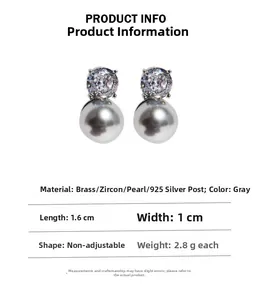 Detailed product info for grey pearl earrings with zircon and 925 silver needles
