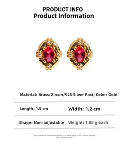 Detailed specs of vintage oval red zircon stud earrings in gold-plated brass