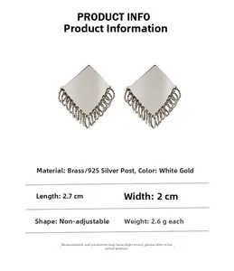 Detail view of silver rhombus earrings with metal fringe and 925 silver needle specifications